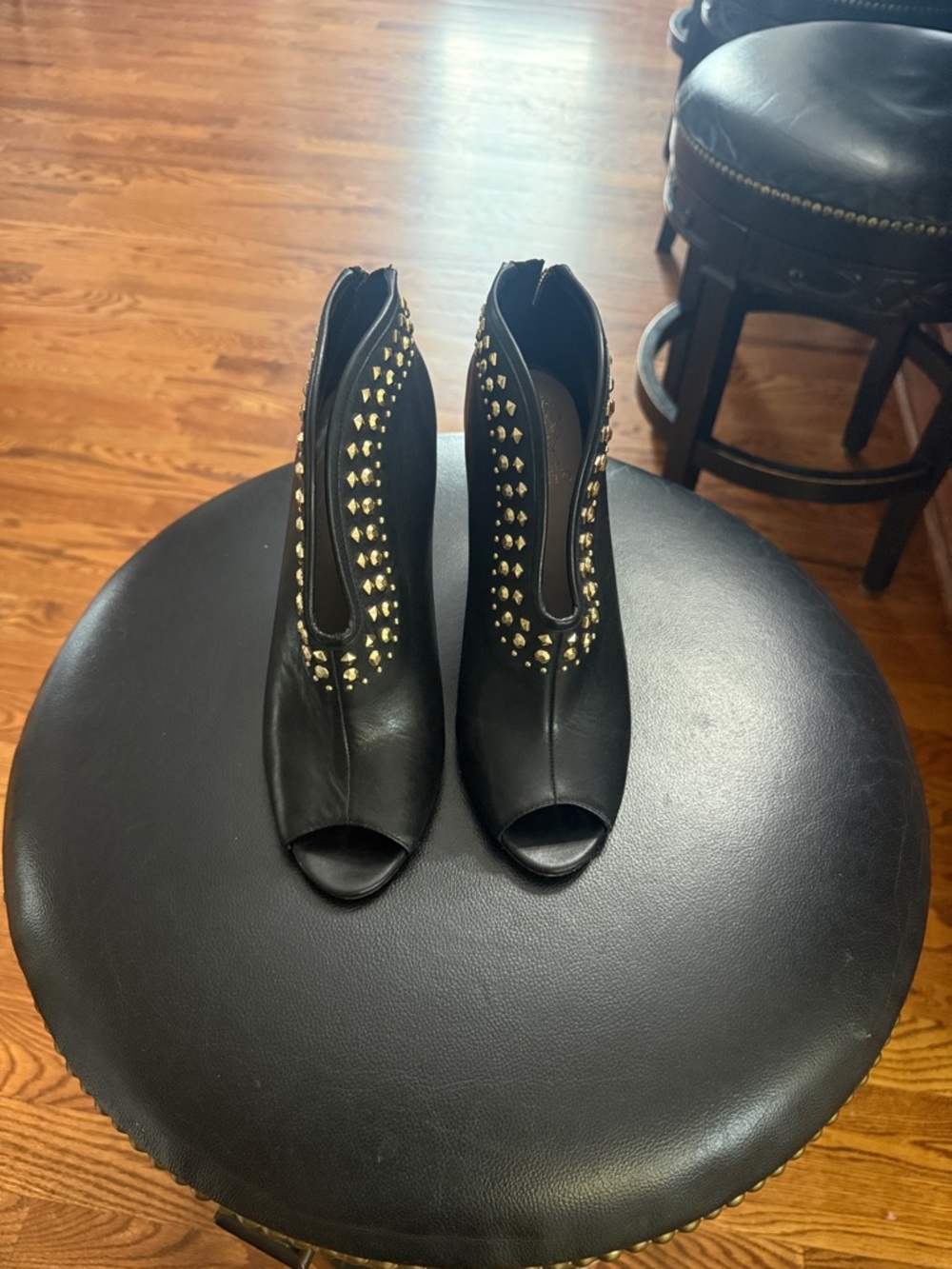 Vince Camuto Black Studded Peep-Toe Ankle Booties - Women's Fashion Heels